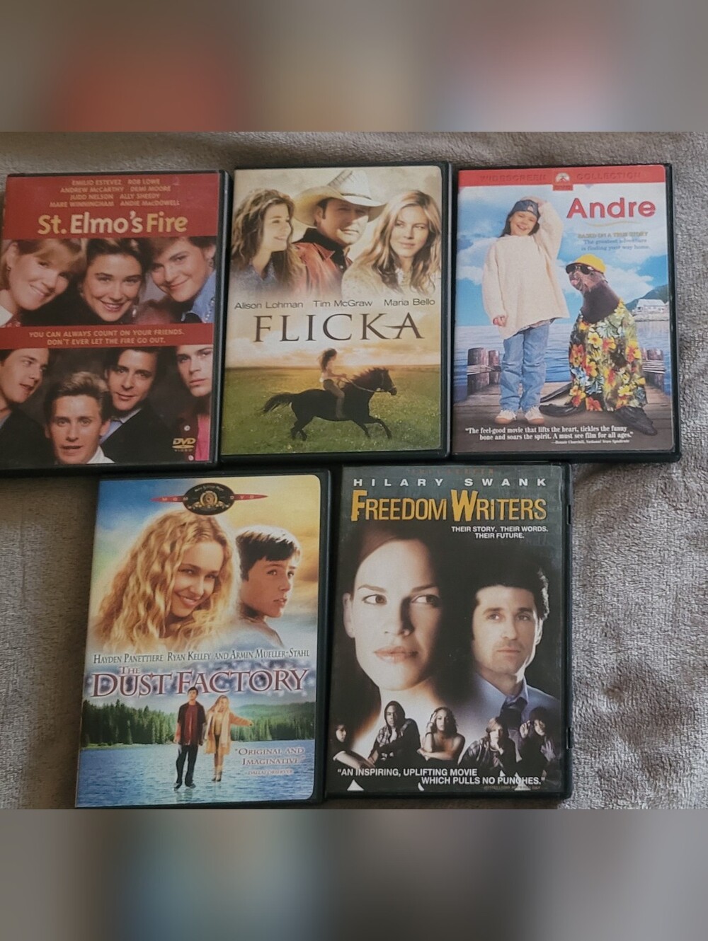 5 DVD'S. Freedom Writers, Flicka, St. Elmos Fire, Andre, Dust Factory LOT